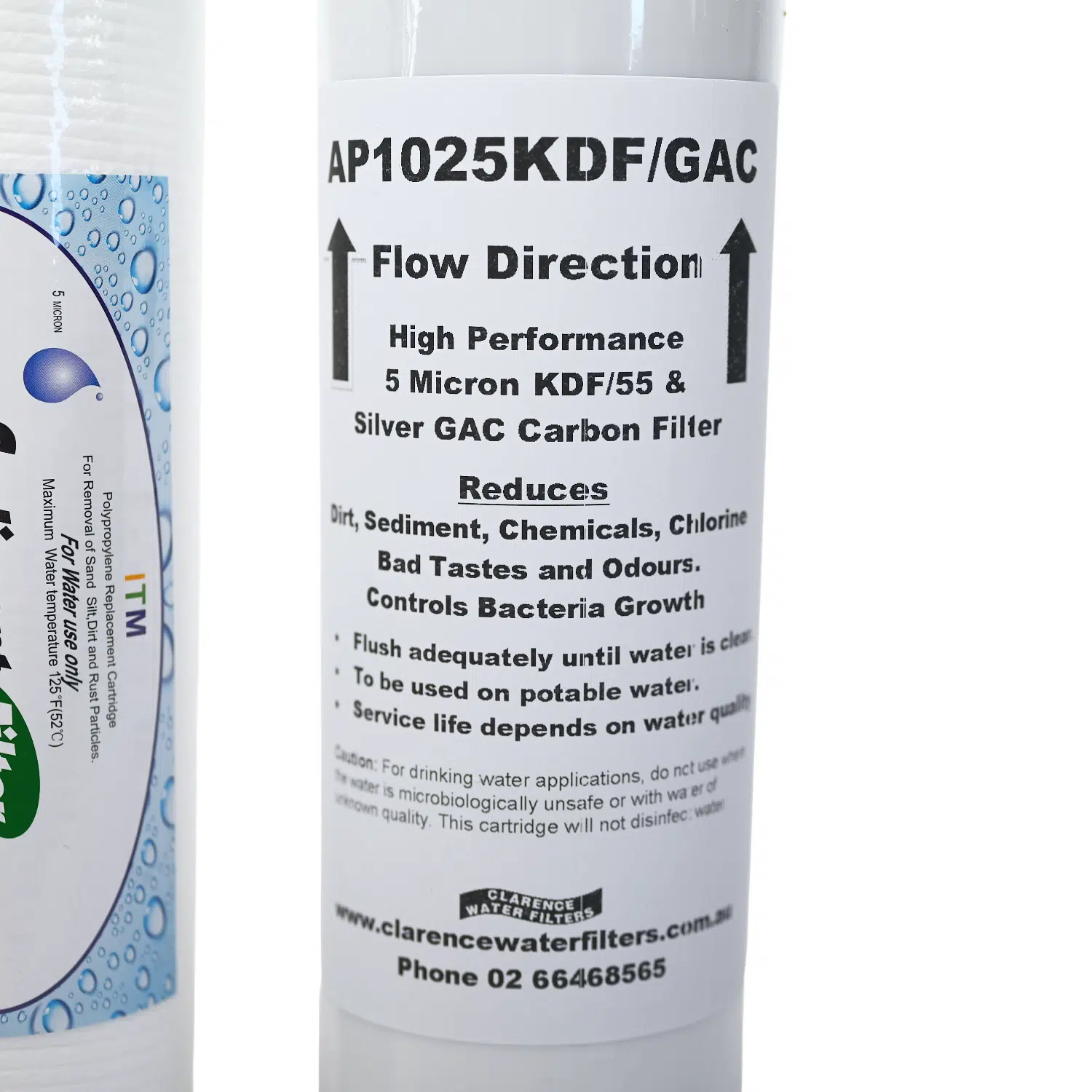 10 inch Filter Set AP1025KDFGAC Carbon and KDF filter 5 microns with 1025PS polyspun sediment filter closeup of AP1025KDFGAC Label