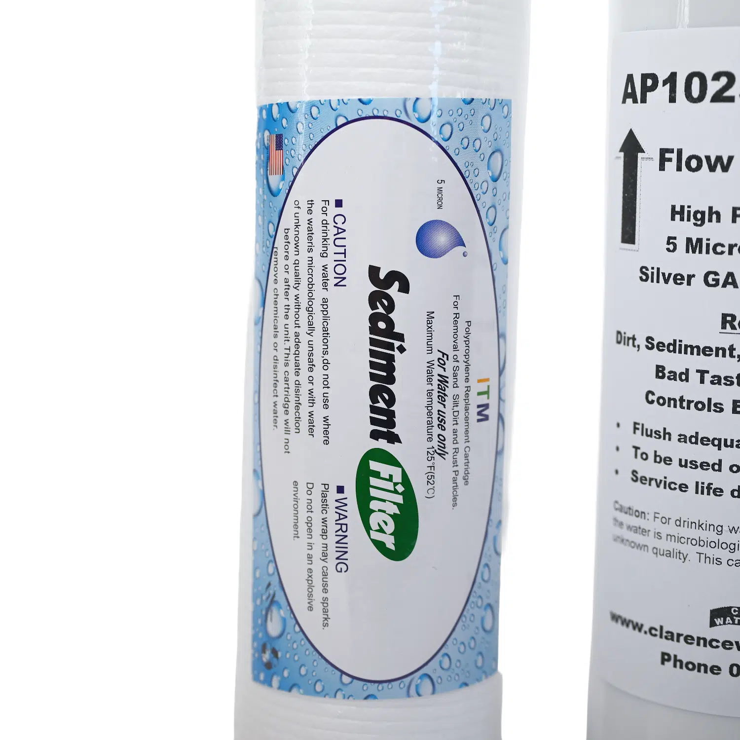 10 inch Filter Set AP1025KDFGAC Carbon and KDF filter 5 microns with 1025PS polyspun sediment filter closeup of 1025PS5 Label