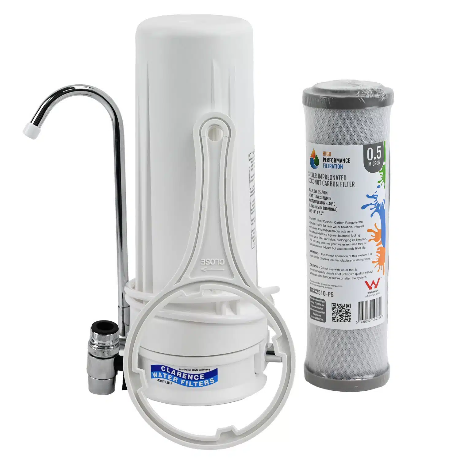 10 inch bench top water filter system for tank water featuring a 1025CB0.5Silcer zero point 5 micron silver impregnated carbon block water filter