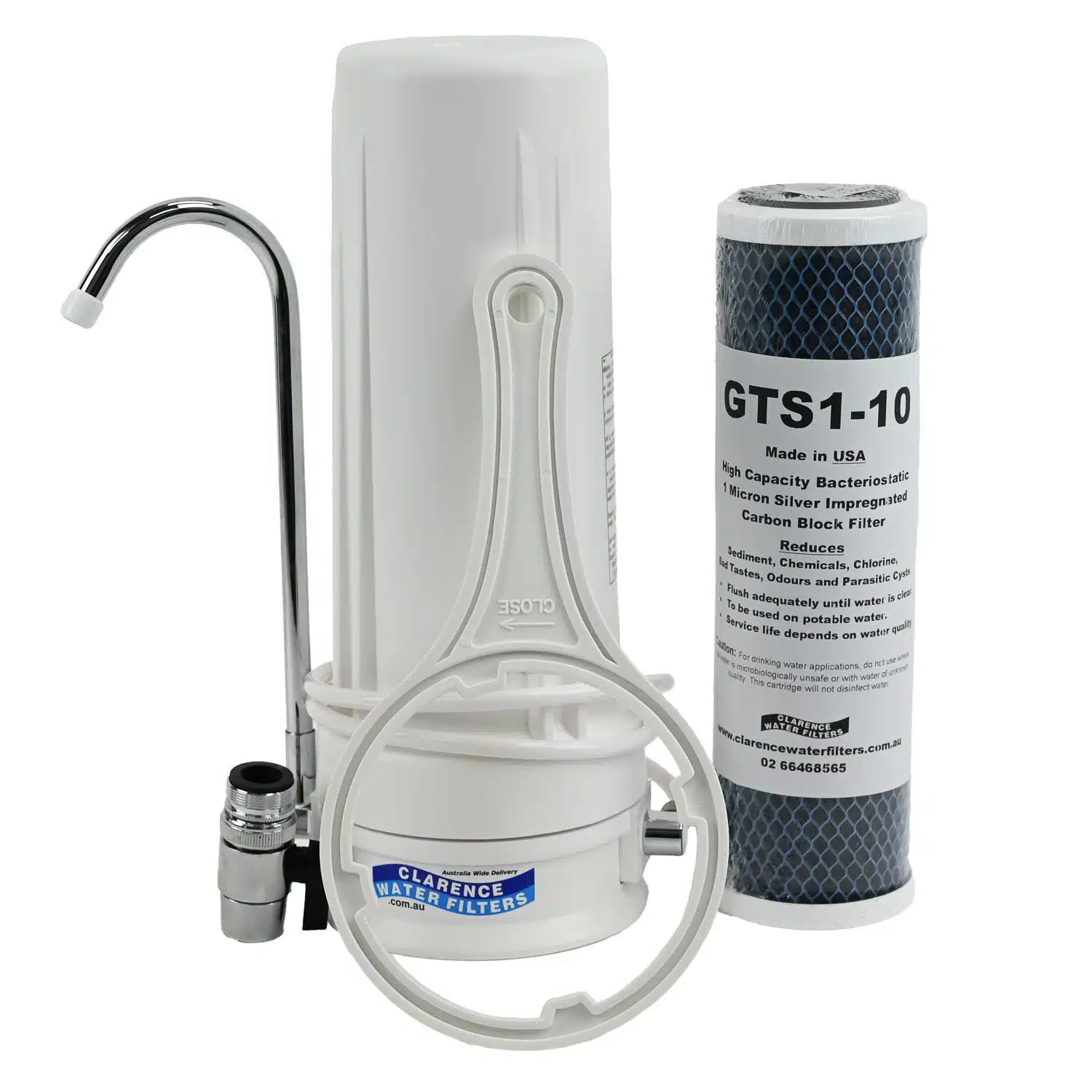 10 inch bench top water filter system for tank water featuring a GTS1-10 1 micron fibredyne carbon water filter