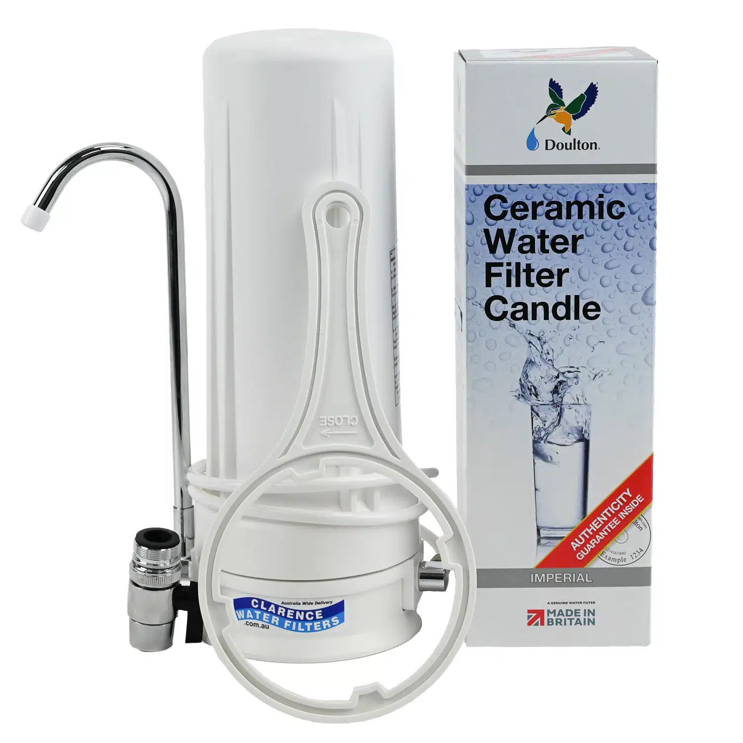 10 inch bench top water filter system for tank water featuring an Doulton Ultracarb ceramic water filter