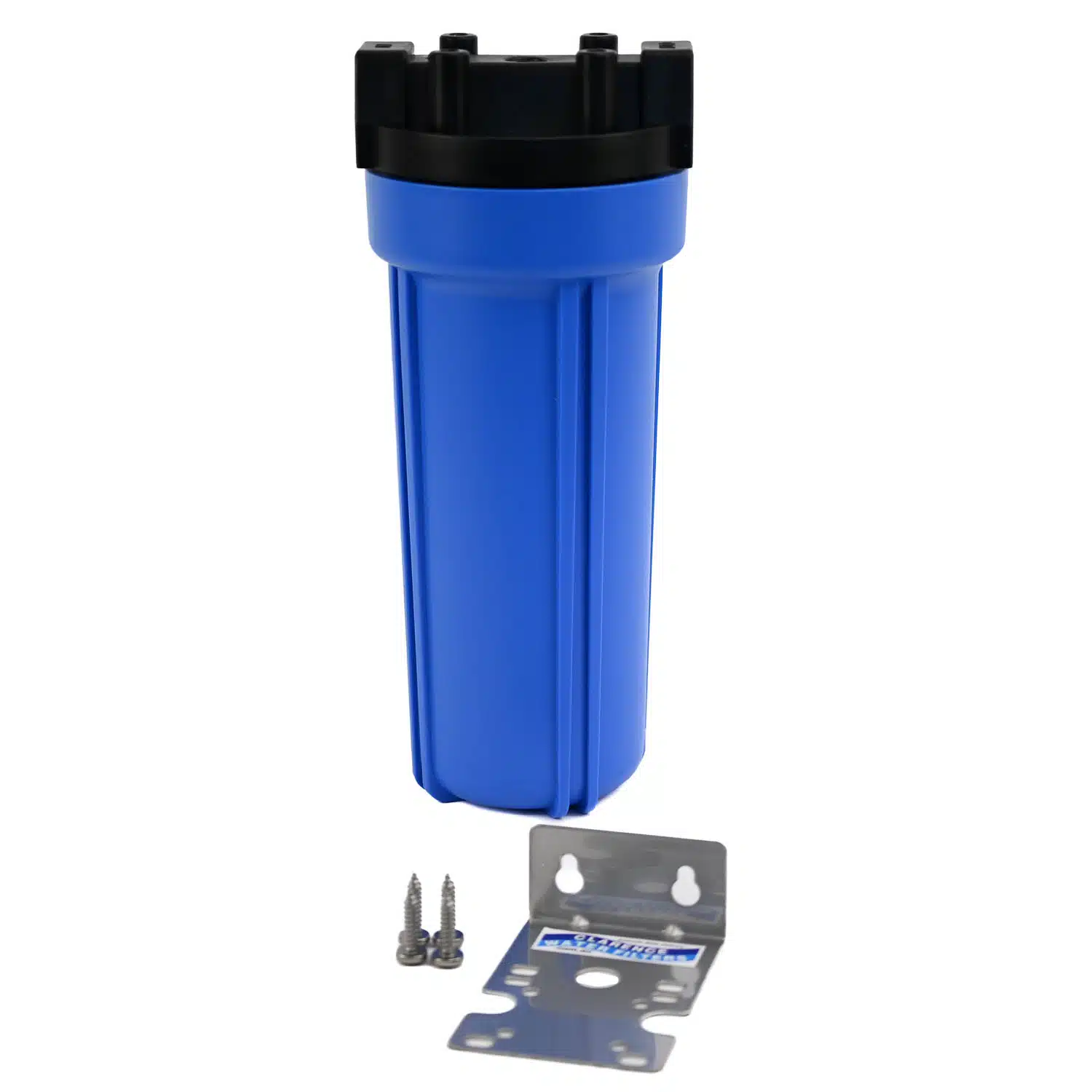 10 inch by 2 point 5 inch Aqua-pro water filter cartridge housing three quarter inch ports with bracket suitable for outdoor use