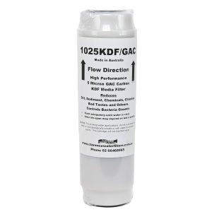 1025KDFGAC 10 inch by 2 point 5 inch water filter with KDF and granular carbon media for bad taste odour and chemical reduction