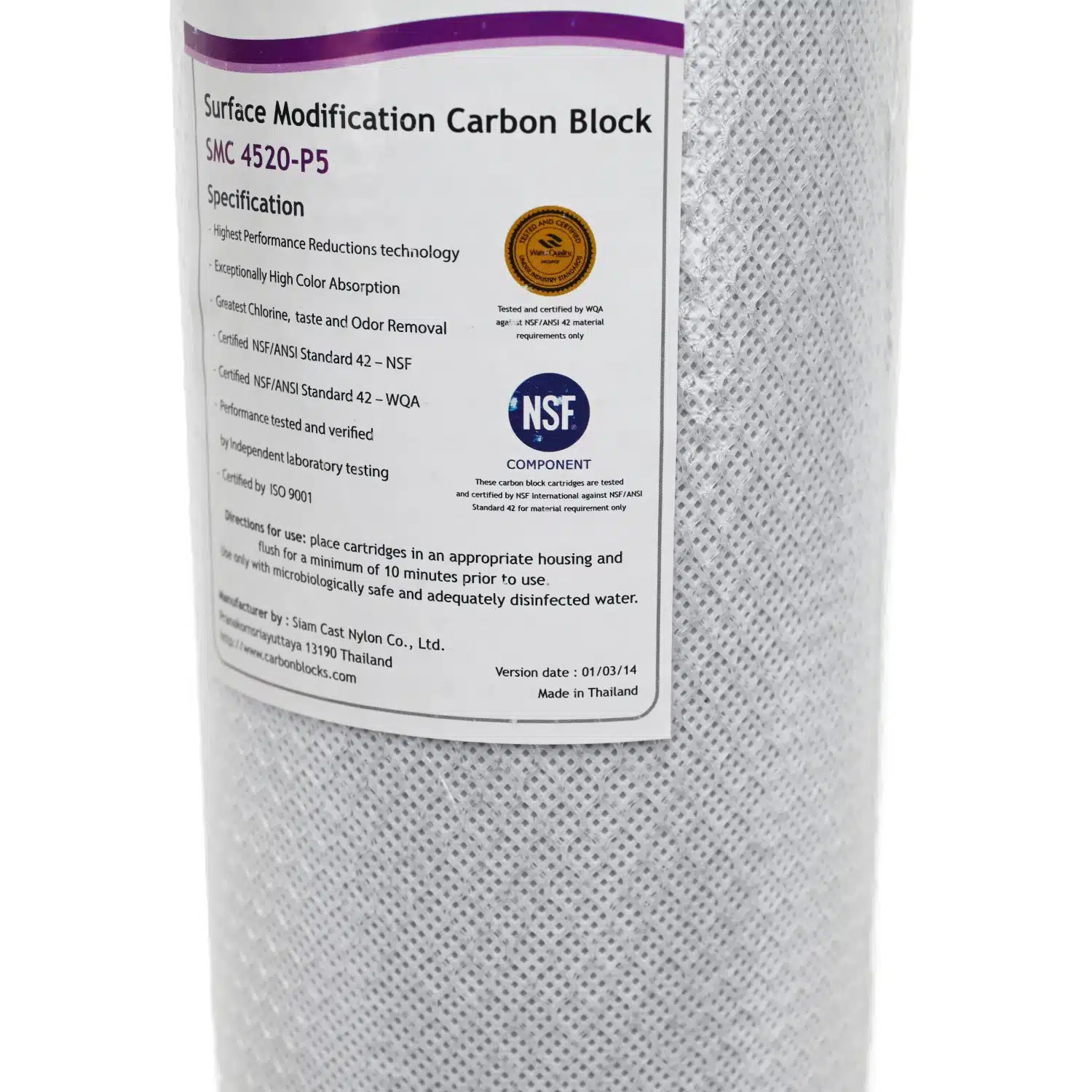 20 inch by 4.5 inch Pure SMC 4520-P5 0.5 micron Carbon Block Filter Colour Reduction