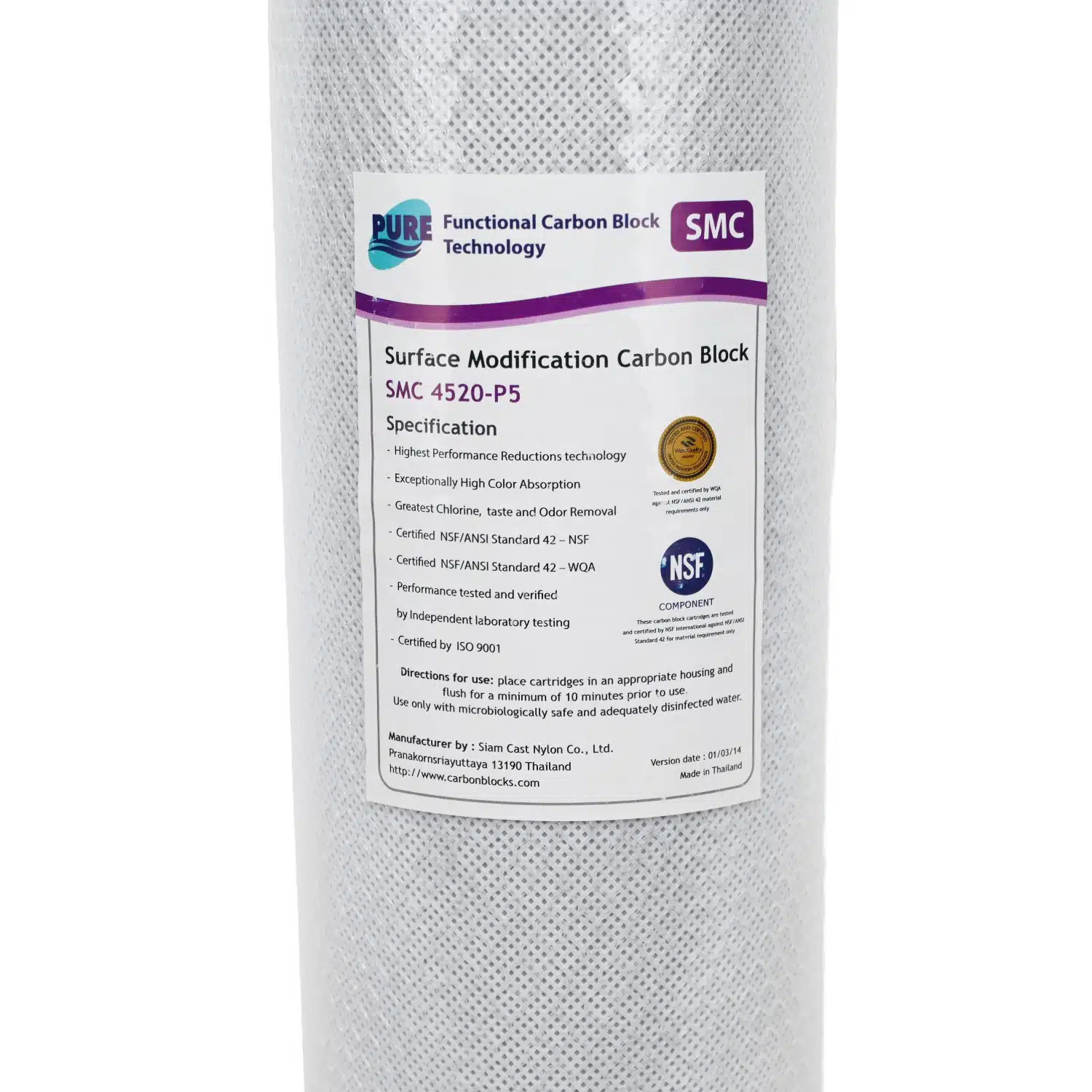 20 inch by 4.5 inch Pure SMC 4520-P5 0.5 micron Carbon Block Filter Colour Reduction