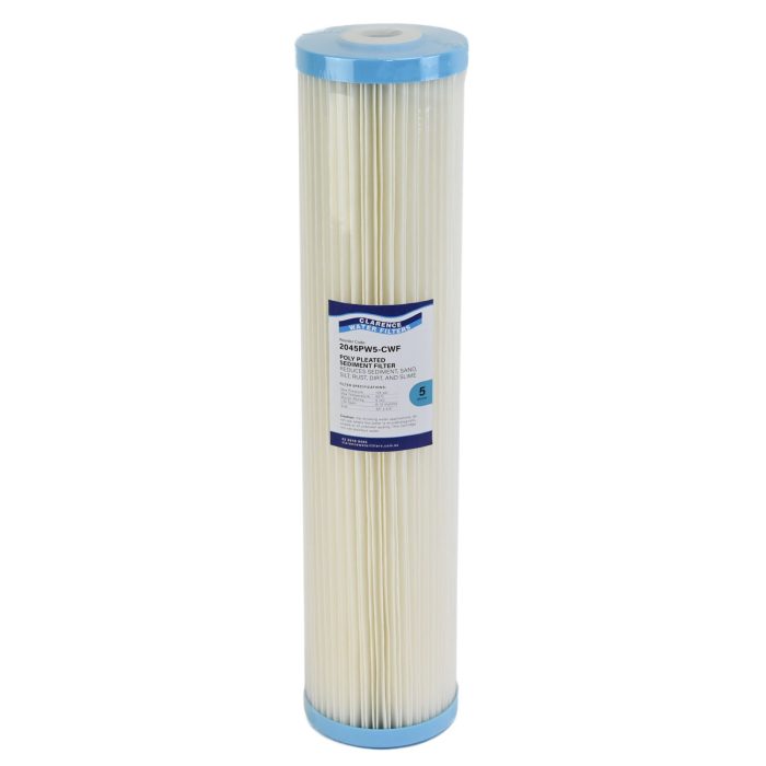 2045PW5-CWF Taiwanese 5 micron made 20 inch by 4 point 5 inch sediment water filter with rubber seals and blue end caps