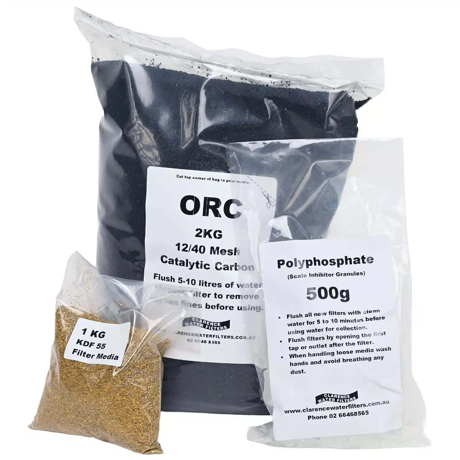 2kg Bag of Catalytic Activated Carbon GAC 500 gram Bag of Polyphosphate and 1kg Bag of KDF55 for Water Filtration