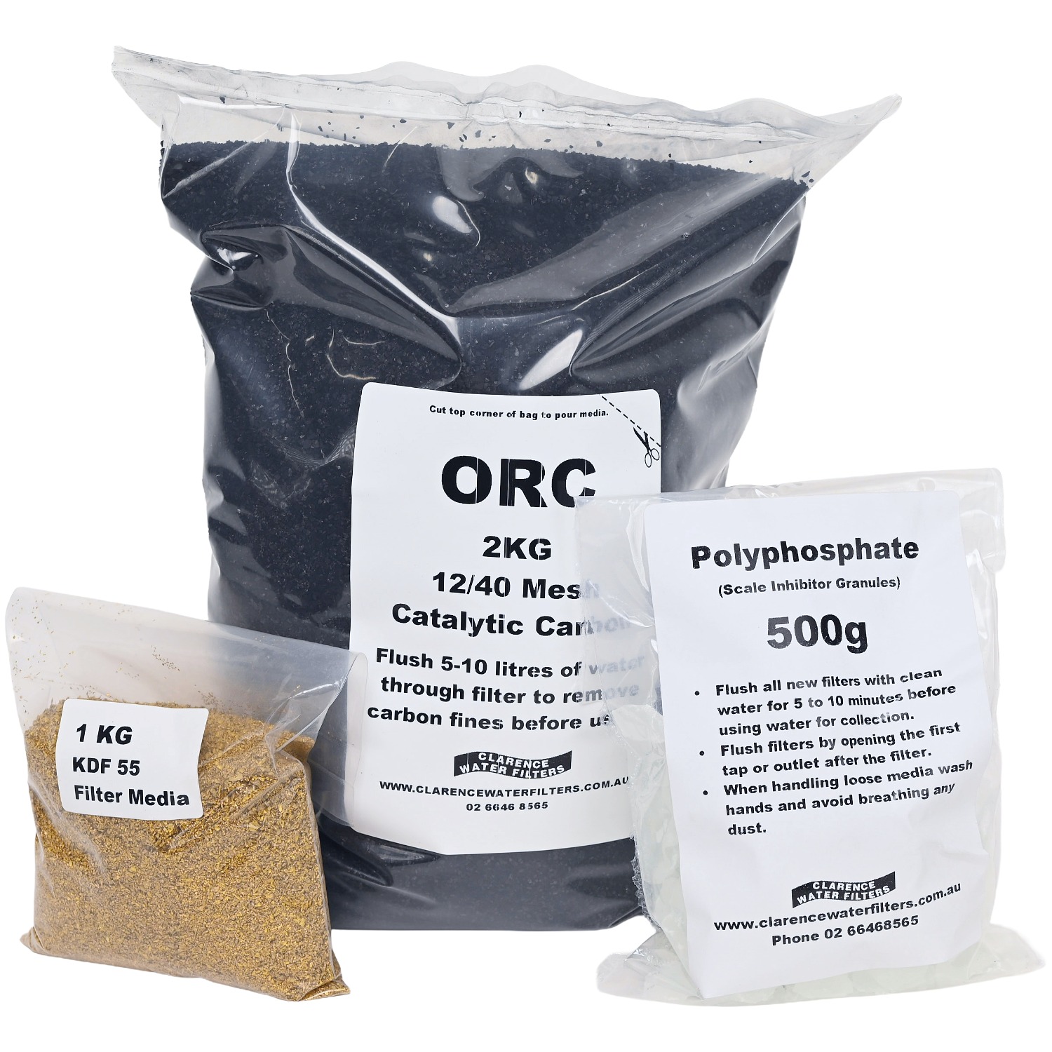 2kg Bag of Catalytic Activated Carbon GAC 500 gram Bag of Polyphosphate and 1kg Bag of KDF55 for Water Filtration