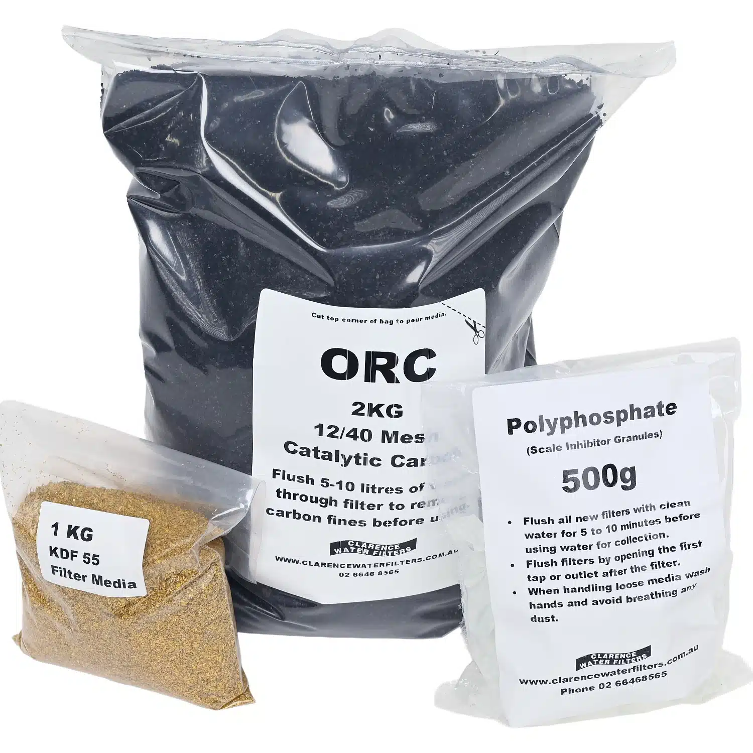 2kg Bag of Catalytic Activated Carbon GAC 500 gram Bag of Polyphosphate and 1kg Bag of KDF55 for Water Filtration