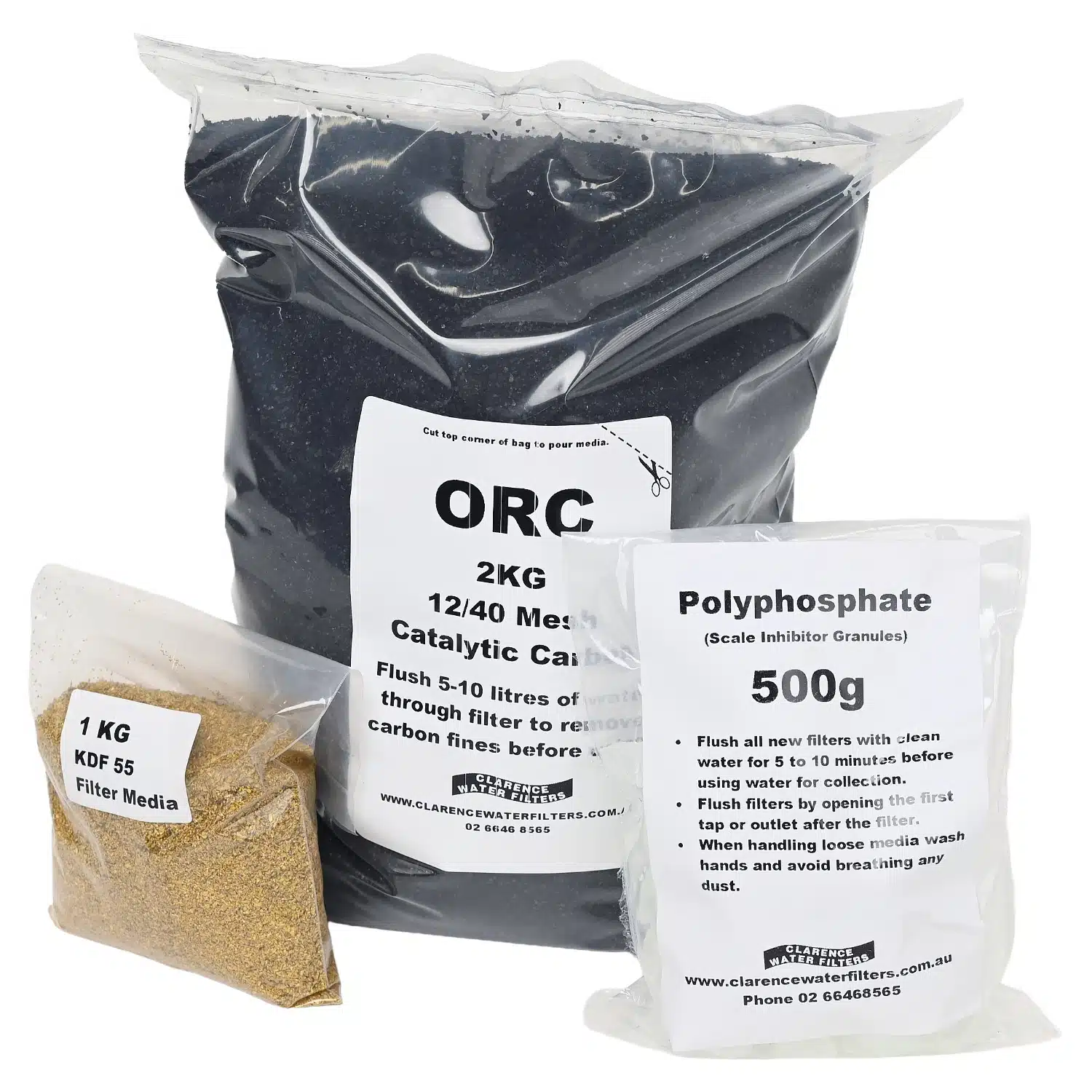 2kg Bag of Catalytic Activated Carbon GAC 500 gram Bag of Polyphosphate and 1kg Bag of KDF55 for Water Filtration