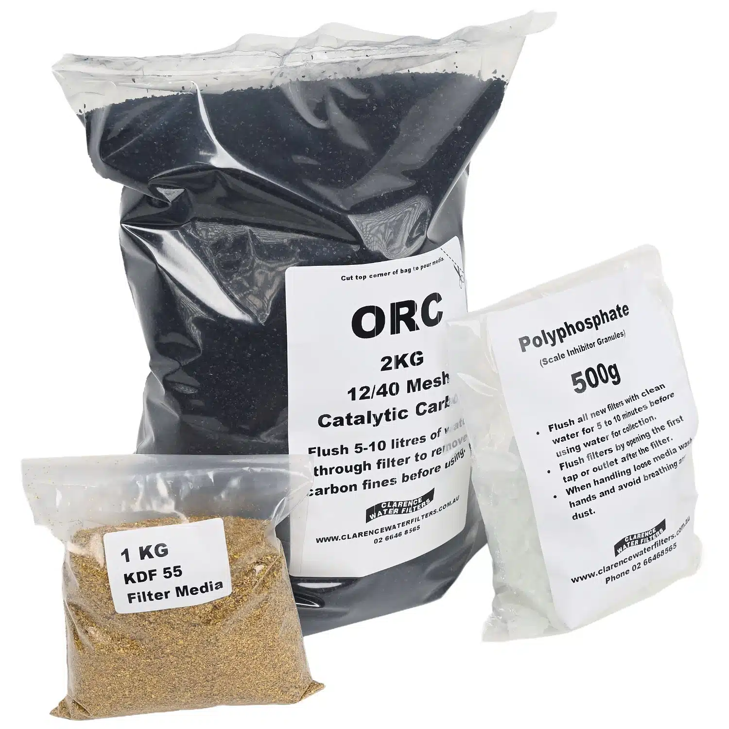 2kg Bag of Catalytic Activated Carbon GAC 500 gram Bag of Polyphosphate and 1kg Bag of KDF55 for Water Filtration