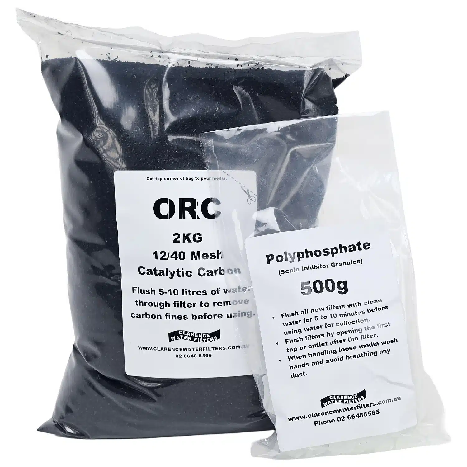 2kg Bag of Catalytic Activated Carbon ORC 500 gram Bag of Polyphosphate and for Refillable Water Filter
