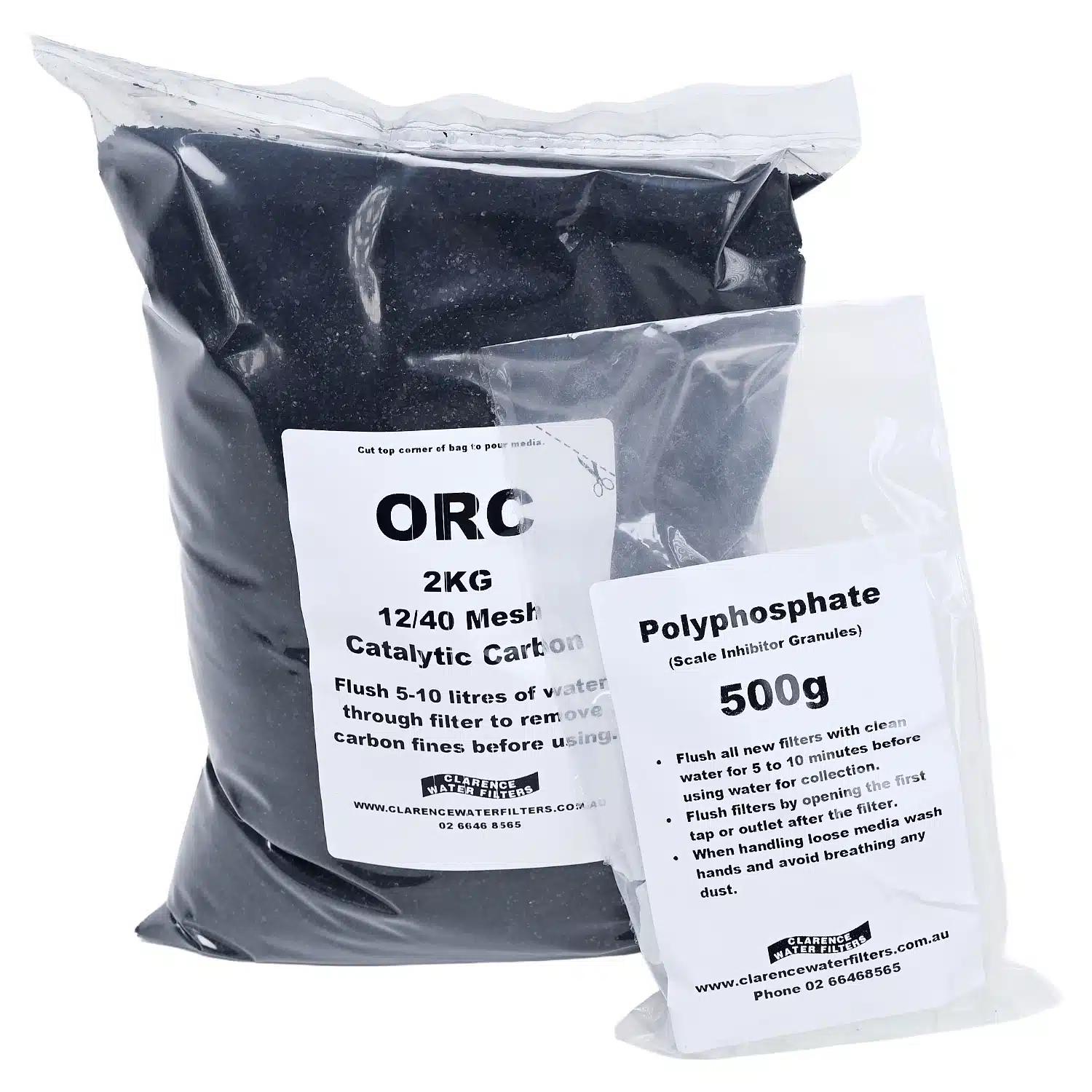 2kg Bag of Catalytic Activated Carbon ORC 500 gram Bag of Polyphosphate and for Refillable Water Filter