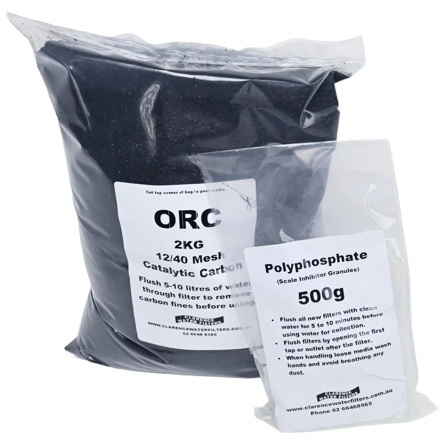 2kg Bag of Catalytic Activated Carbon ORC 500 gram Bag of Polyphosphate and for Refillable Water Filter