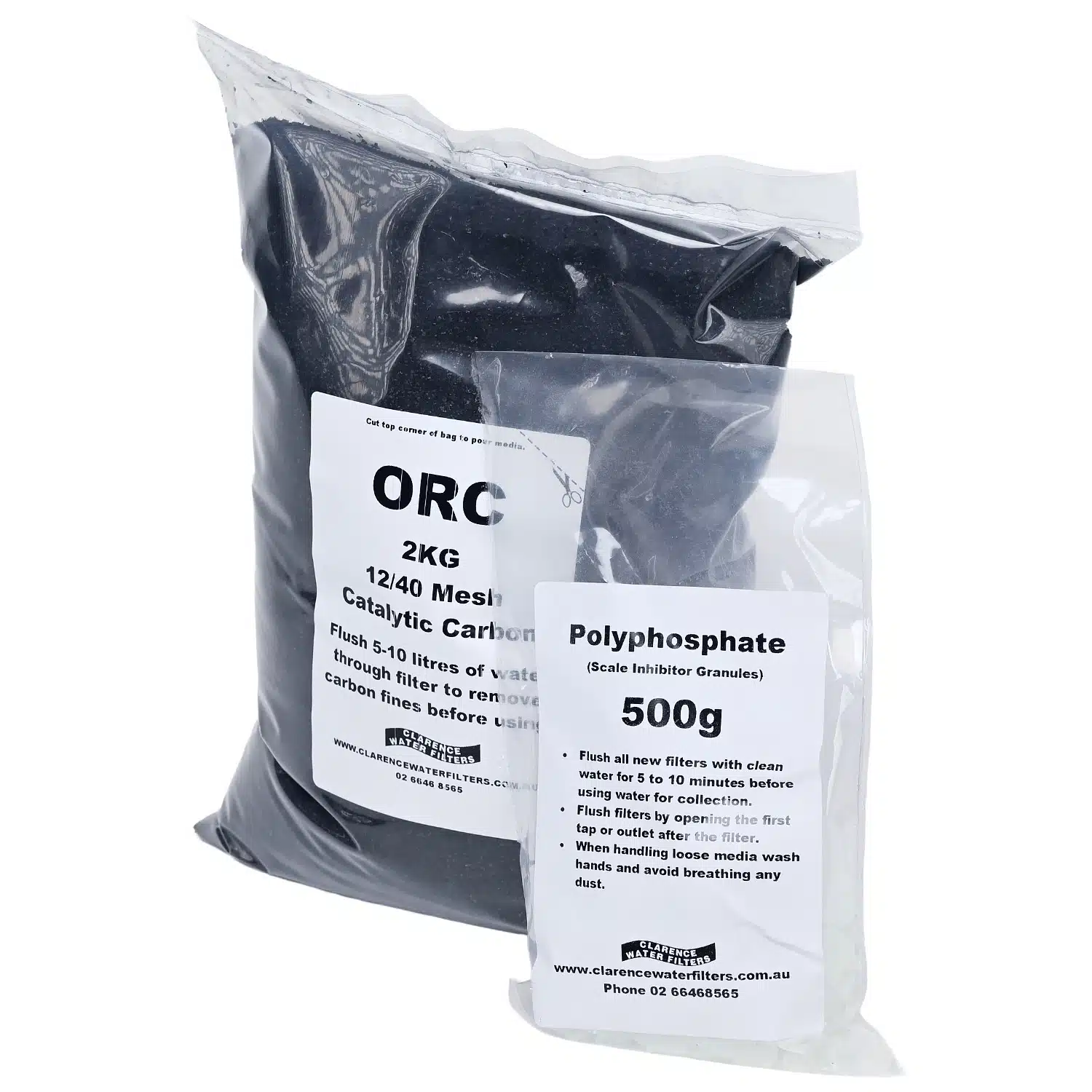 2kg Bag of Catalytic Activated Carbon ORC 500 gram Bag of Polyphosphate and for Refillable Water Filter