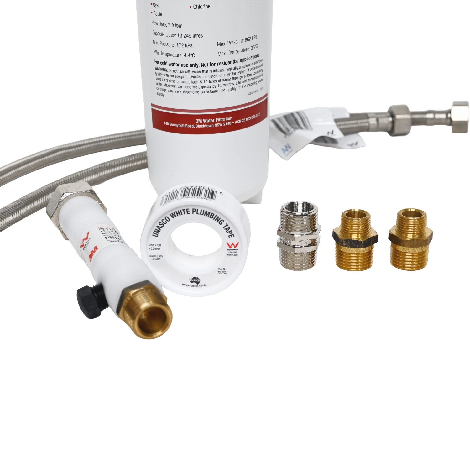 3M HiFlow Under Sink Inline Water Filter System With half inch connections and braided lines