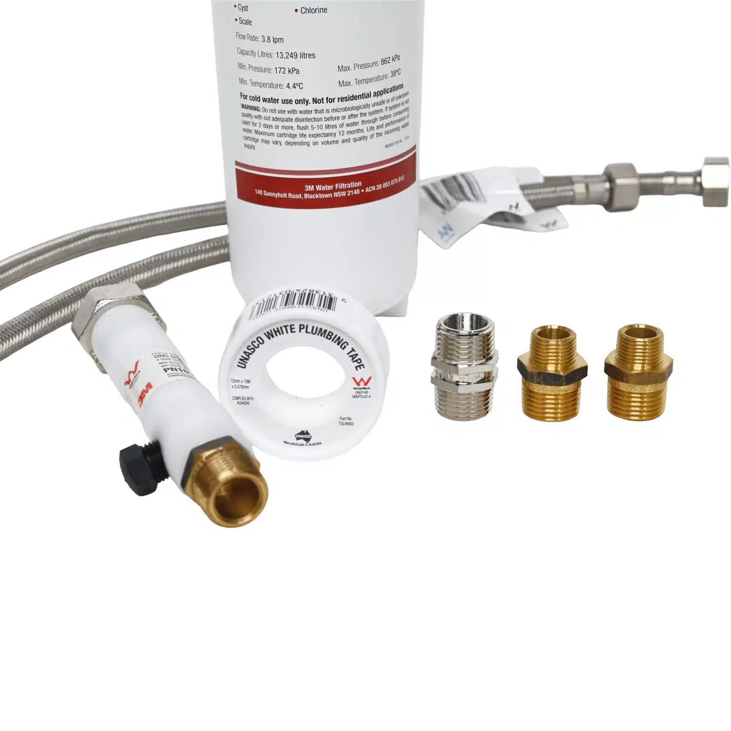 3M HiFlow Under Sink Inline Water Filter System With half inch connections and braided lines