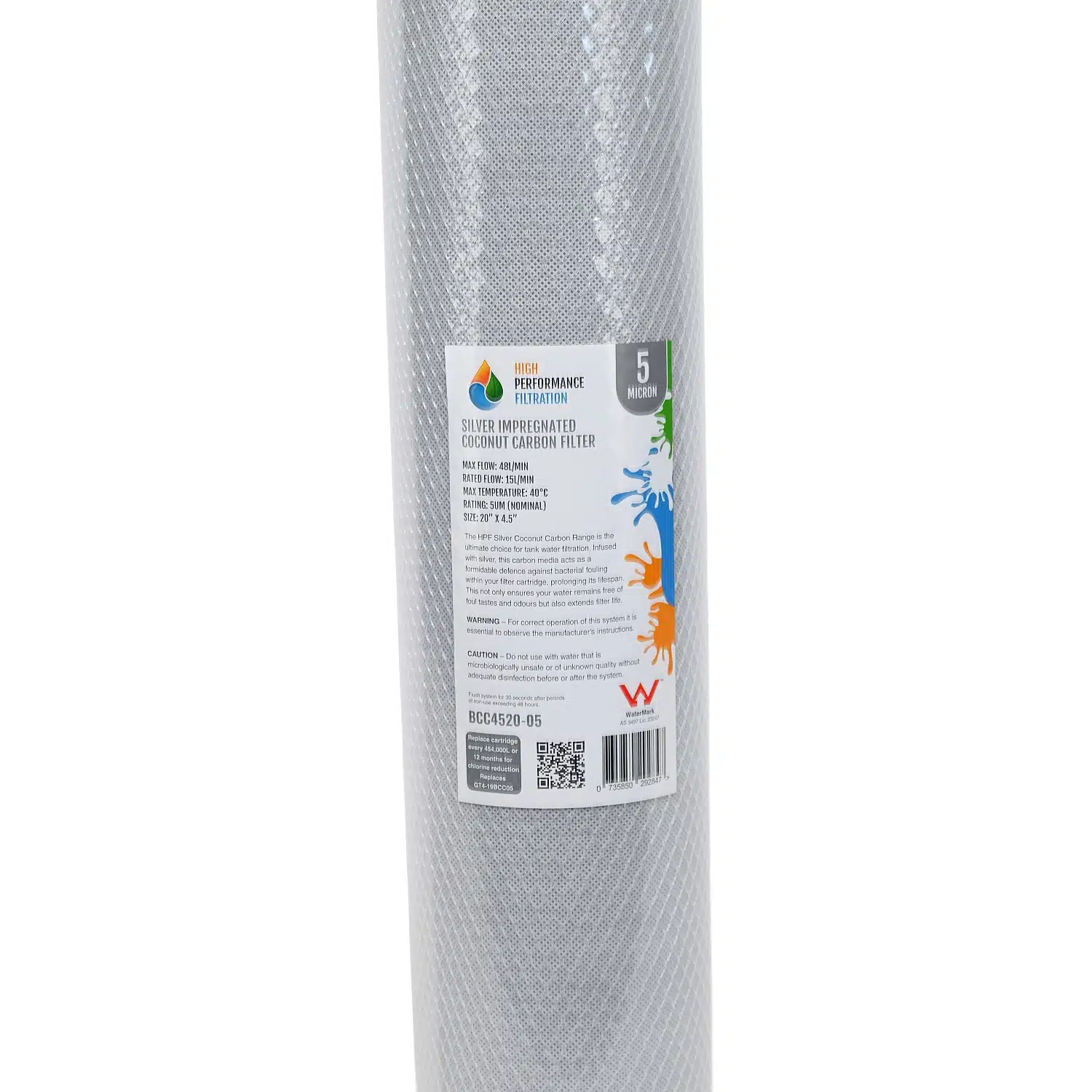 5 Micron Silver Carbon Block 20 inch by 4 point 5 inch 2045CB5silver Bacteriostatic