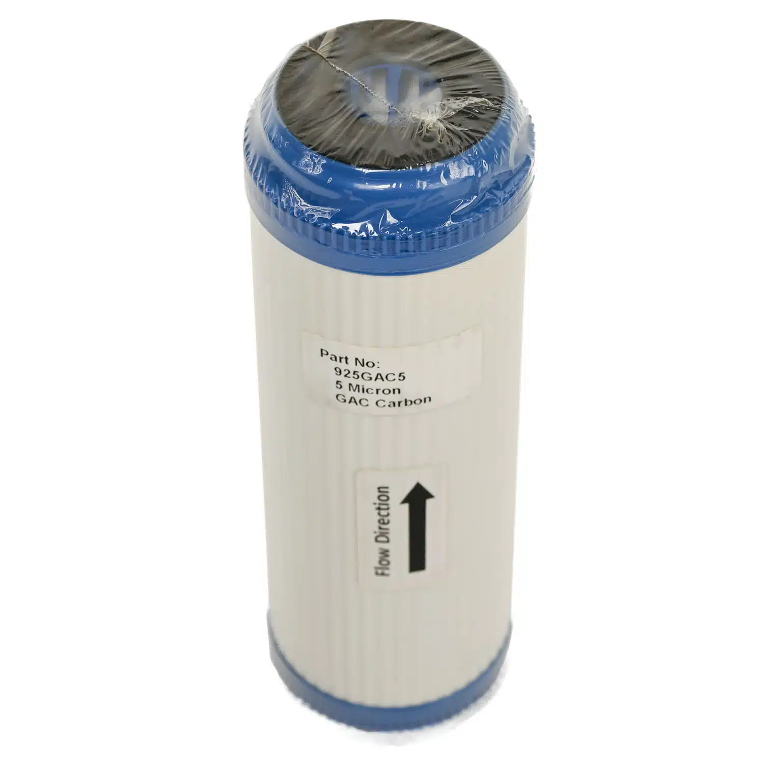 9 inch by 2 point 5 inch granular activated carbon GAC water filter cartridge with blue endcaps and rubber seal