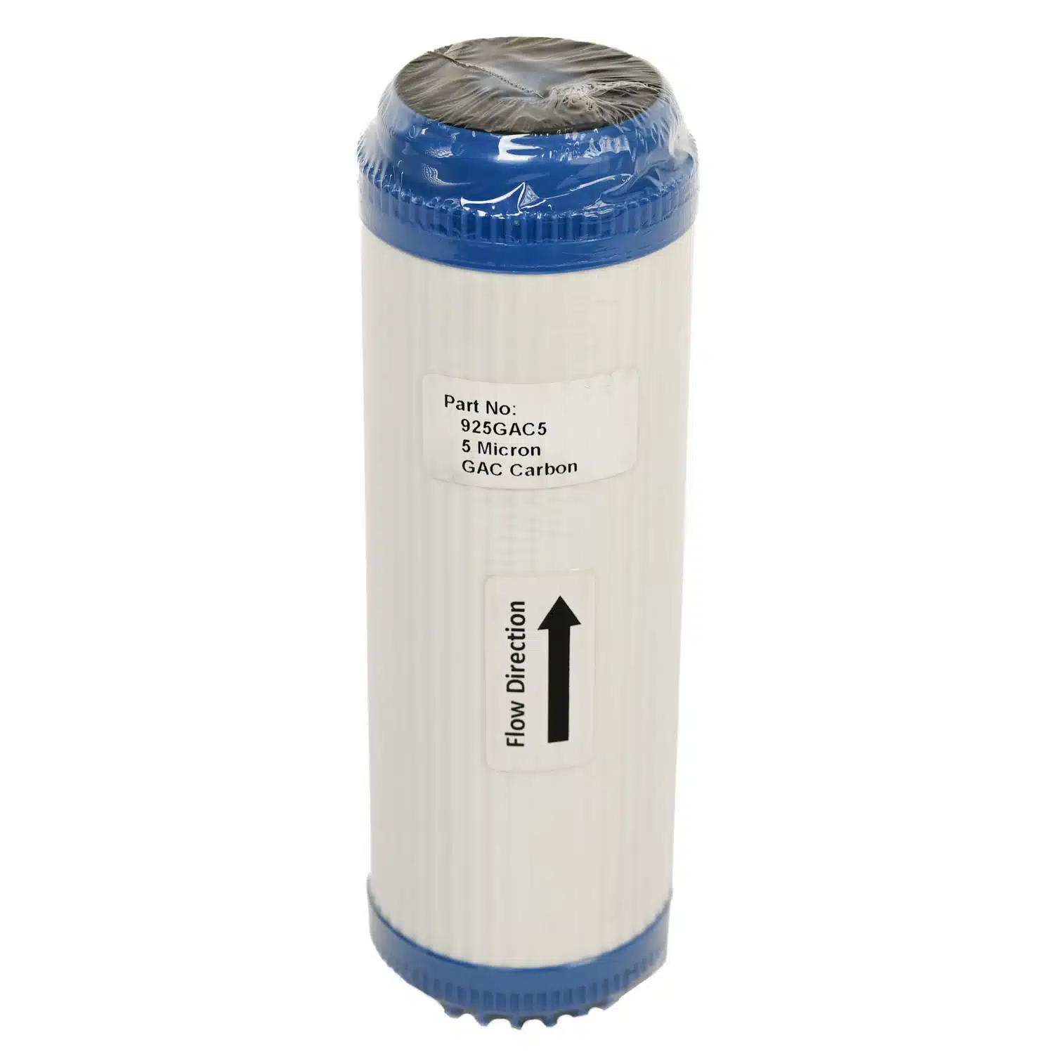 9 inch by 2 point 5 inch granular activated carbon GAC water filter cartridge with blue endcaps and rubber seal