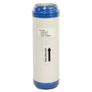 9 inch by 2 point 5 inch granular activated carbon GAC water filter cartridge with blue endcaps and rubber seal
