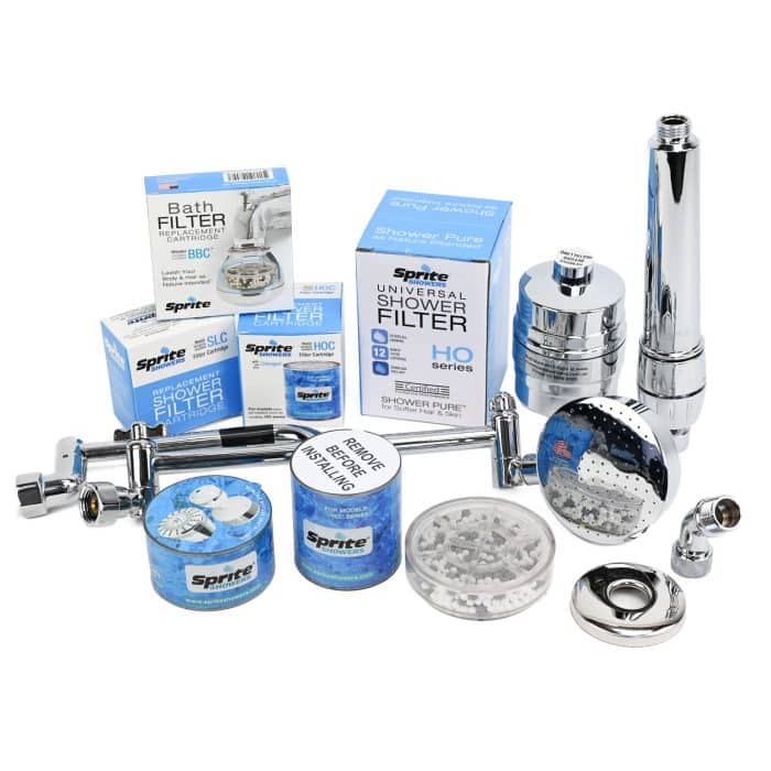 A collection of shower water filters shower fittings and shower filter cartridges