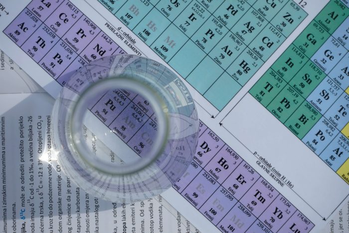 A photo of a beaker on a table of elements representing the use of chlorine in water