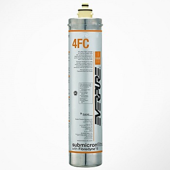 A photo of an Everpure 4FC Filter EV969221 H104. It shows a large metal cylinder covered in labels and orange writing.