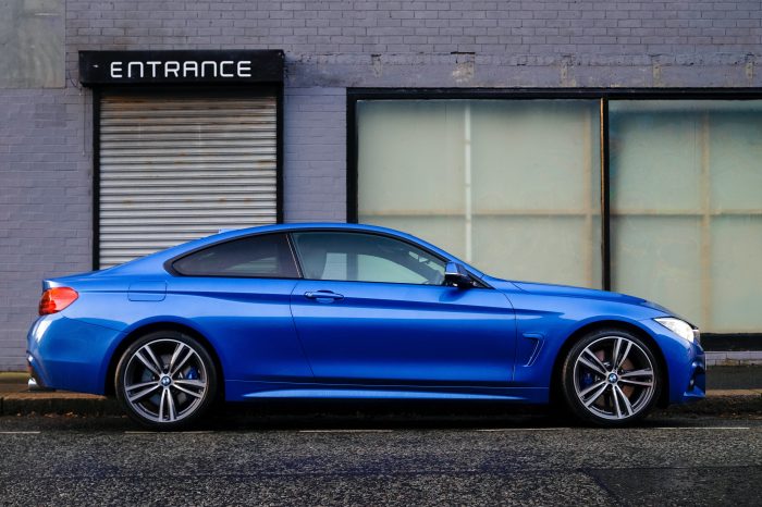 A photograph of a bright blue BMW which has just been washed with a zero TDS car washing system