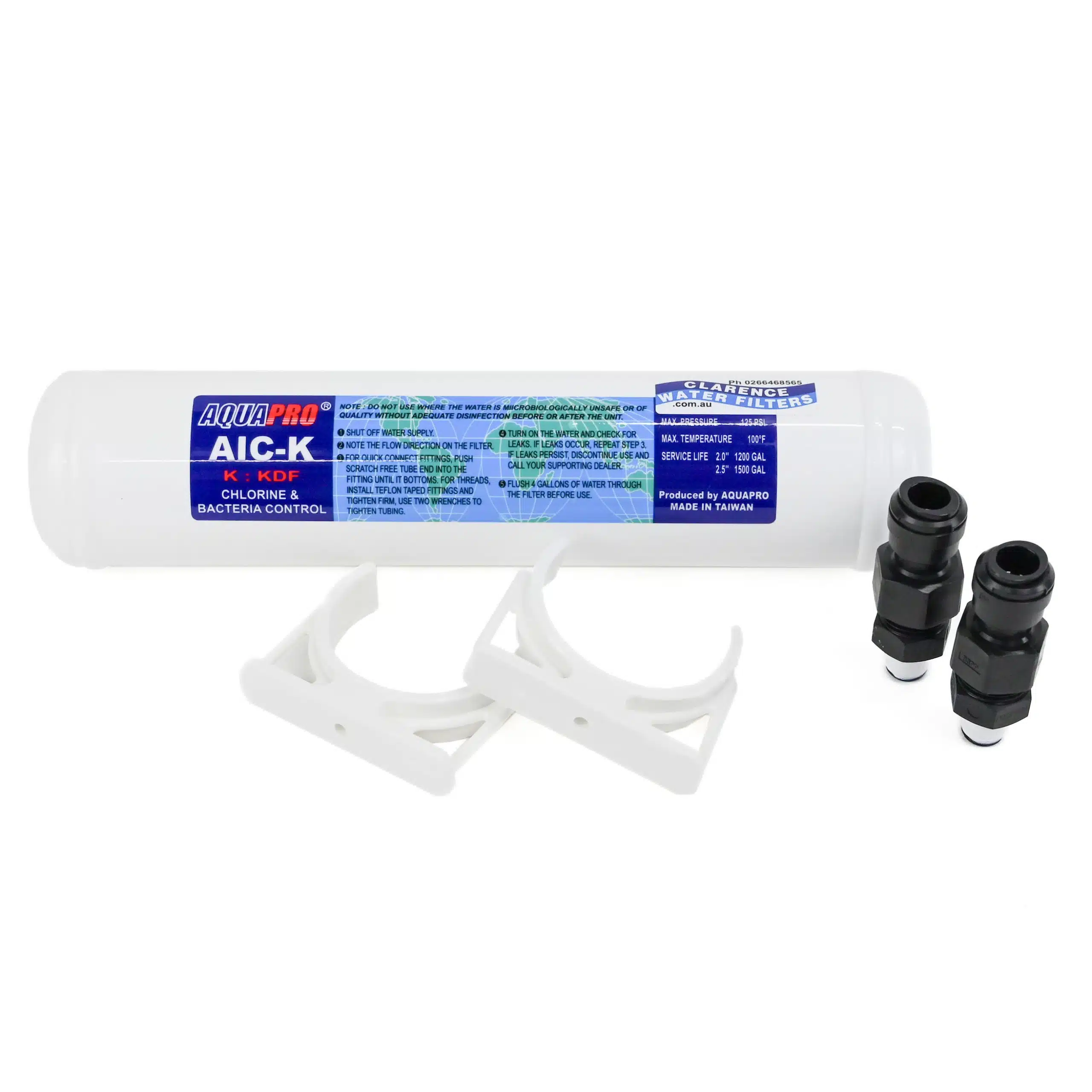 AIC-K 5 Micron KDF GAC Inline Water Filter With 12mm Push In Tube Fittings and Mounting Clips for Caravans Motorhomes and RVS