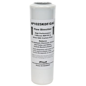 AP1025KDFGAC 10 inch by 2 point 5 inch water filter cartridge containing KDF and Granular Activated Carbon made in USA