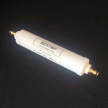 An image of the BEST WF Water Filter. It is a cylindrical filter containing granulated carbon and KDF 55. At both ends are brass push on hose connections.