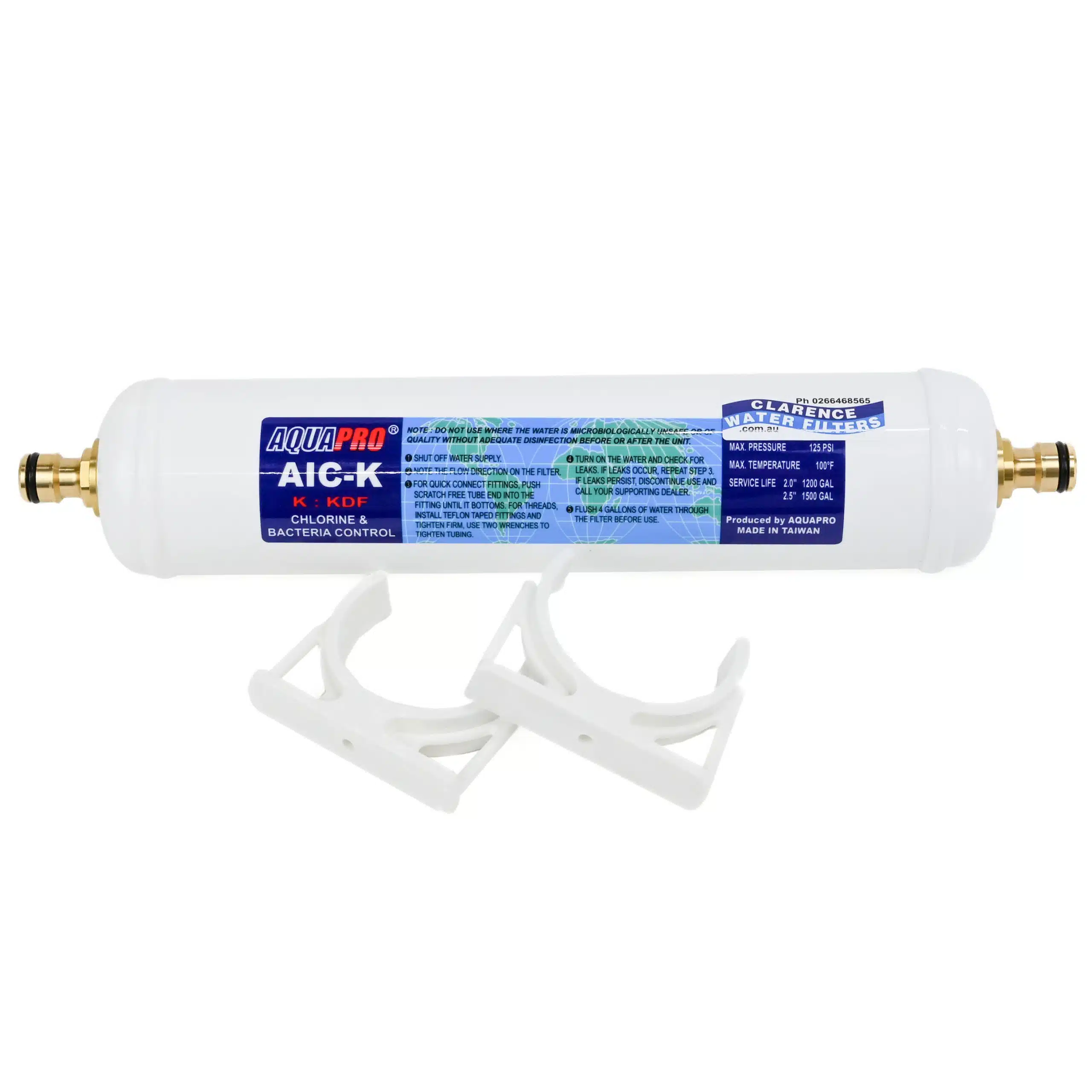 AquaPro AIC-K Filter with Brass Push on hose fittings and optional mounting clips