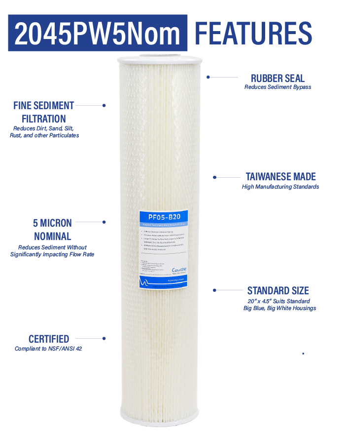 Benefits of Caware 2045PW5Nom 20 inch by 4 point 5 inch premium Taiwanese made pleated washable 5 micron sediment filter