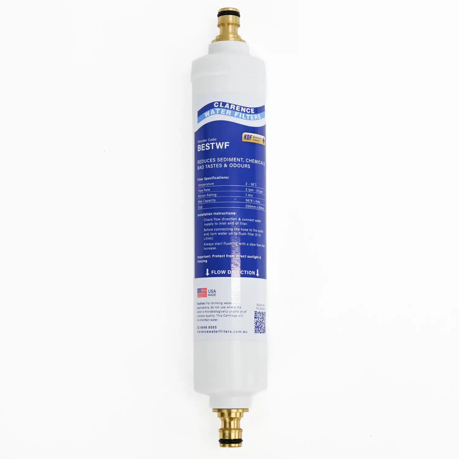 BestWF 1 Micron Inline Water Filter For Caravans and RVs with Brass Push On Hose Fittings
