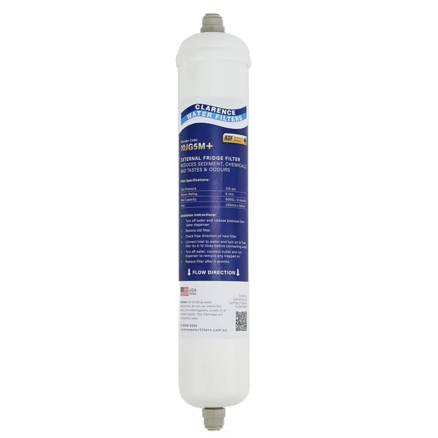 CWF 10JG5M+ Inline Fridge Water Filter With Carbon KDF and quarter inch fittings rated at 5 microns