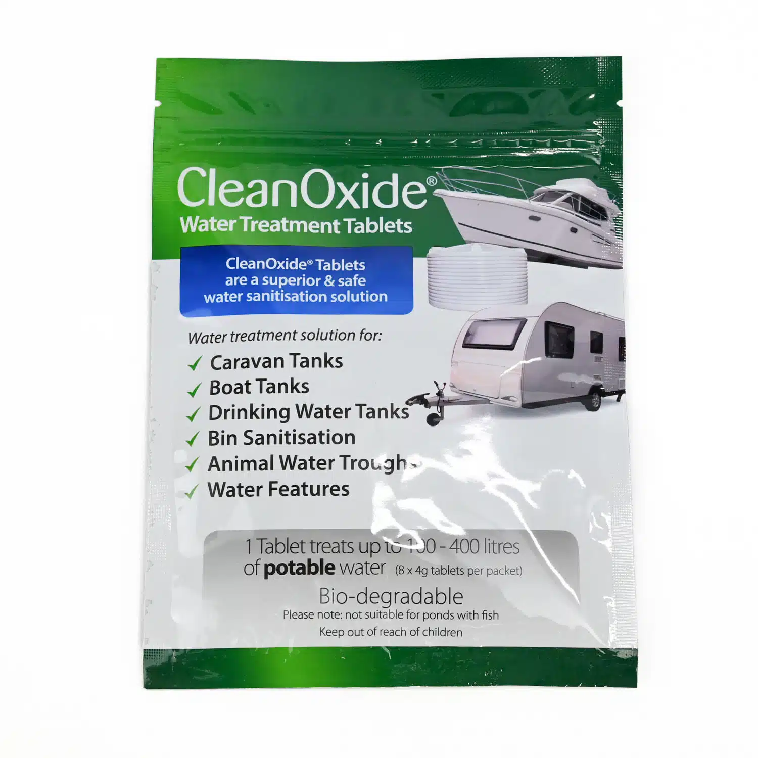 CleanOxide Water Treatment Tablets for Disinfecting Caravan Boat and Home Water Tanks 8 x 4 gram tablets