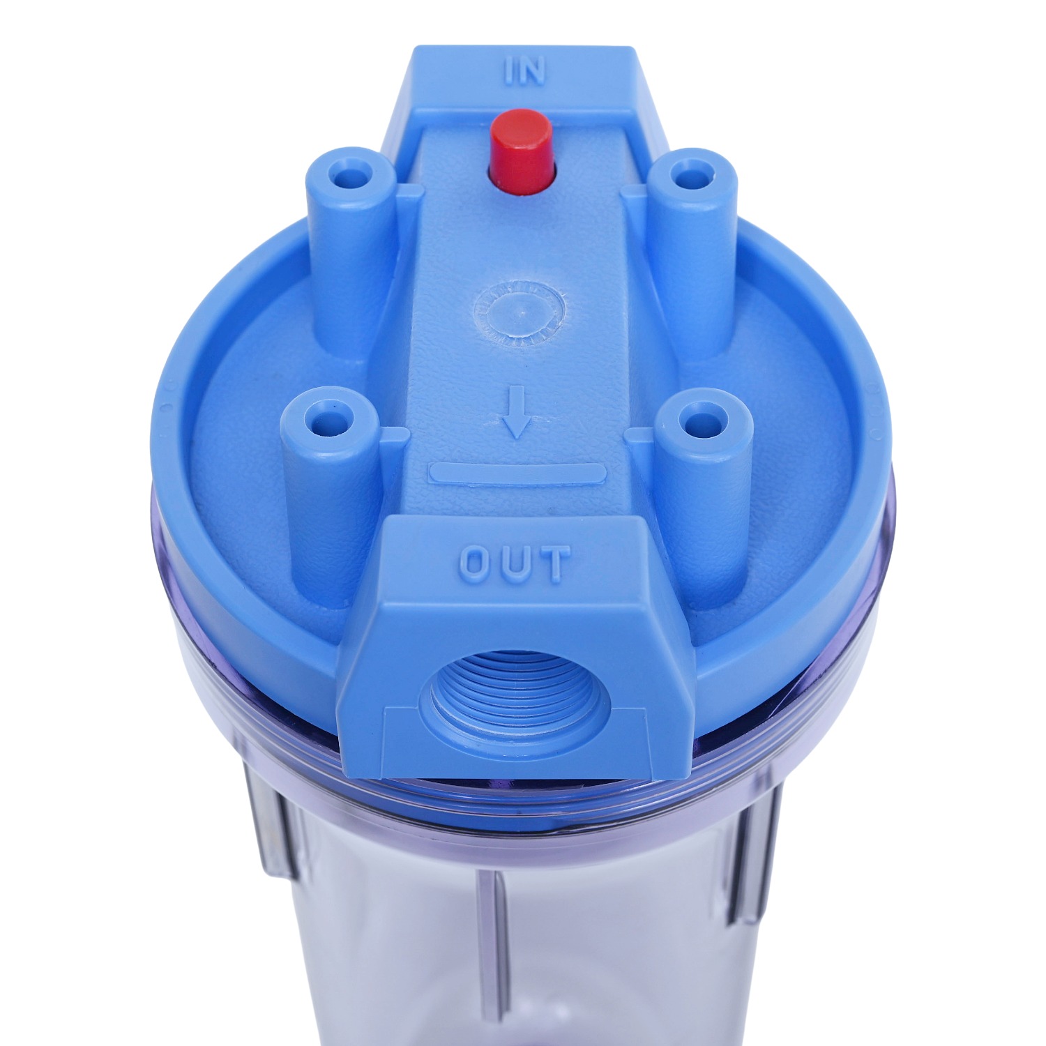 Clear Pentek 10 inch three quarter BSP Housing 150096 top view showing prv