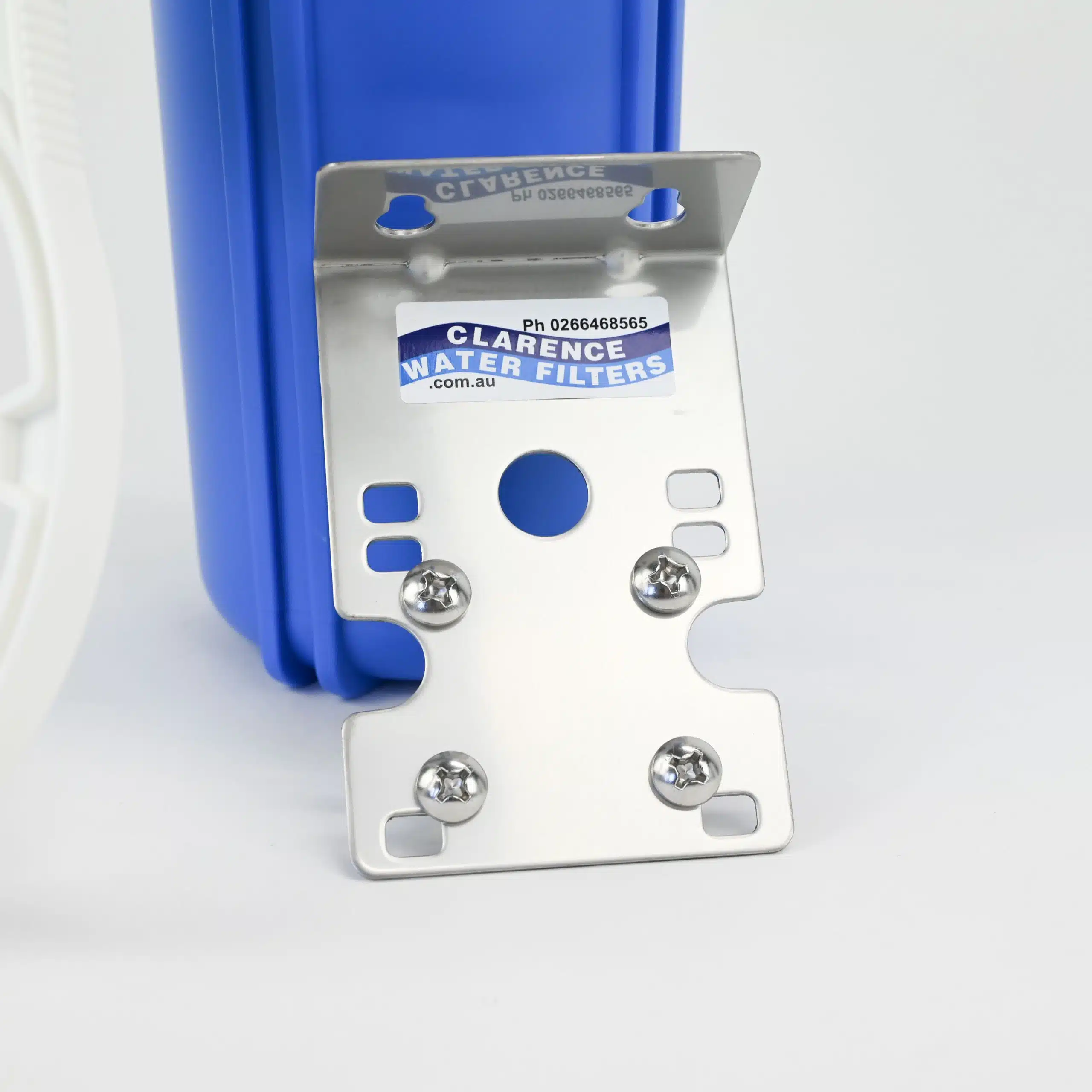 Close up photo of a stainless steel bracket included in the single 10 inch water filter system for caravans and rvs