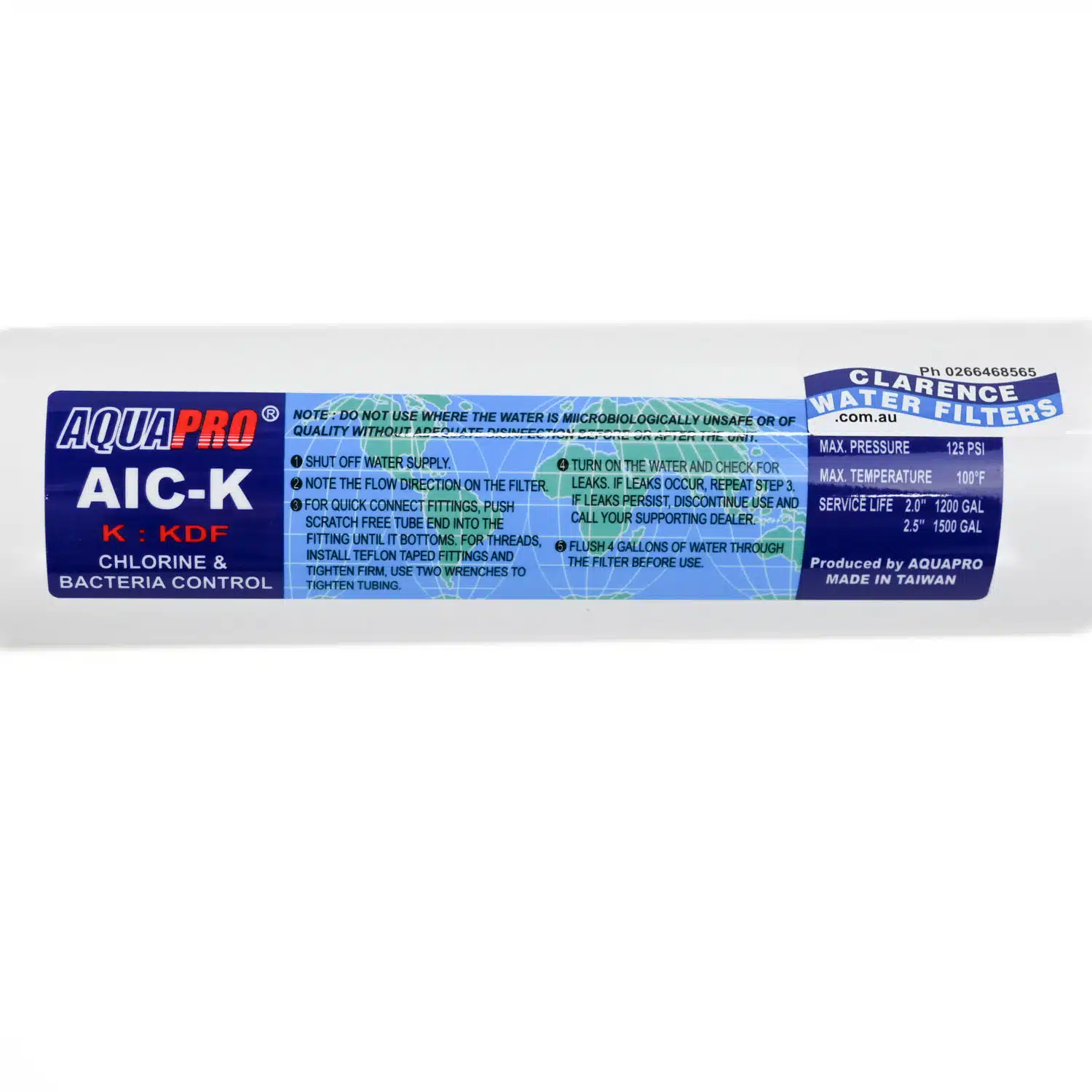 Close up photos of the Aquapro AIC-K inline water filter with KDF and GAC