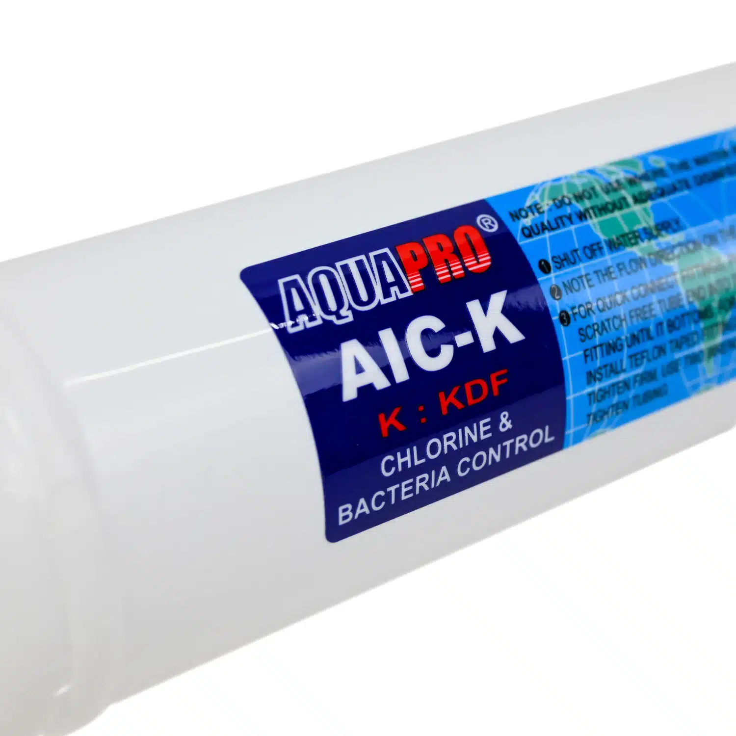 Close up photos of the Aquapro AIC-K inline water filter with KDF and GAC