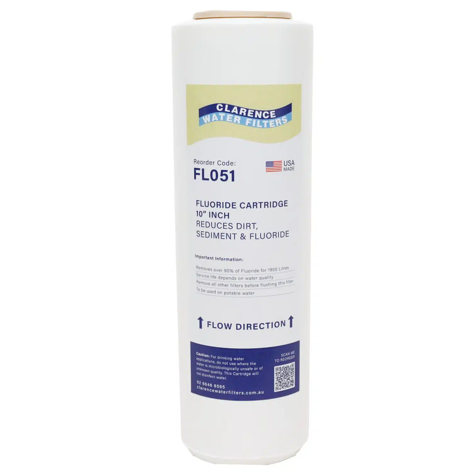 FL051 10 inch by 2 point 5 inch fluoride reduction water filter USA made