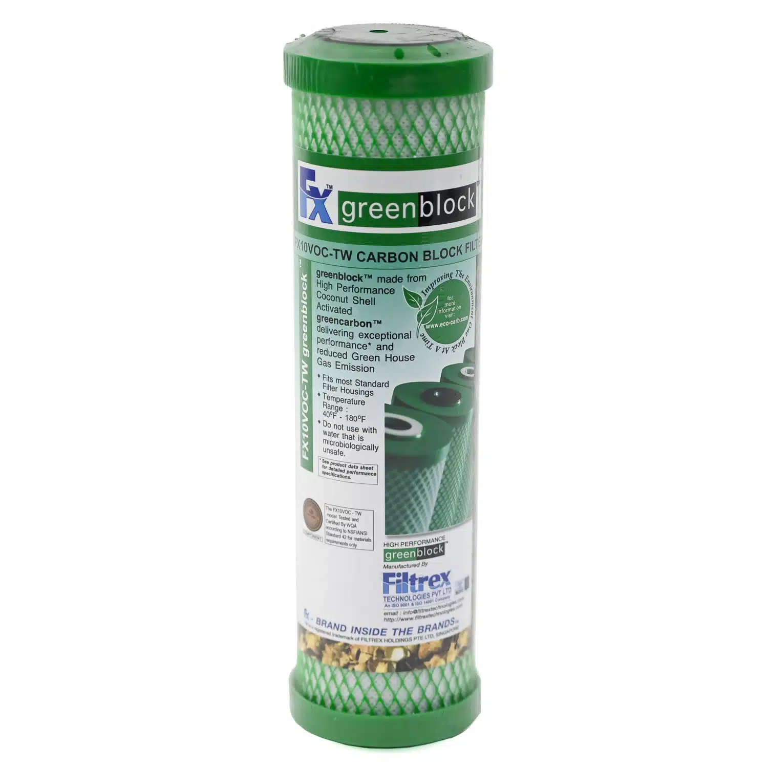 Filtrex FX10VOC-TW Greenblock 10 inch by 2 point 5 inch Coconut Carbon Water Filter for chlorine chemical and bad taste odour reduction