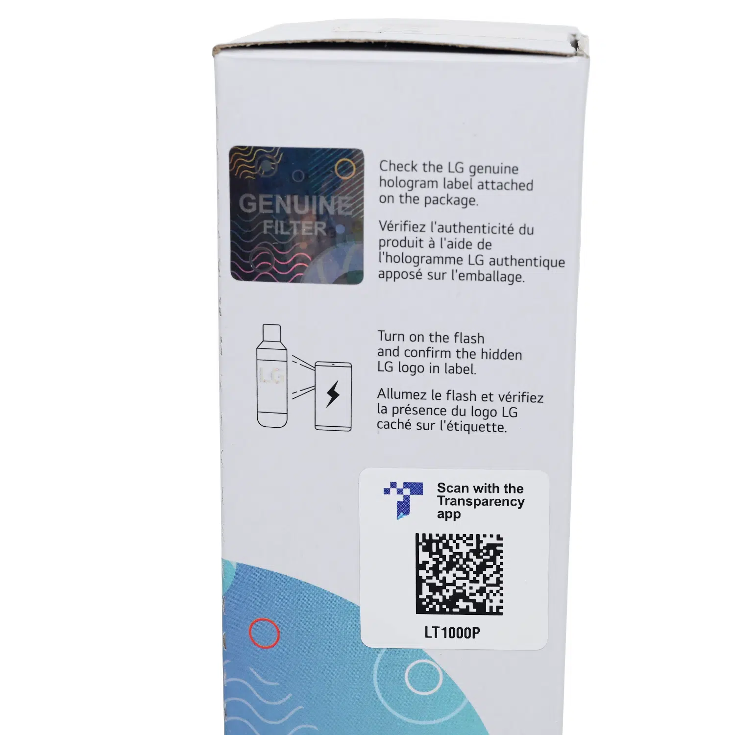 Genuine LG LT1000p Fridge water filter ADQ74793501 closeup of geniune certificate