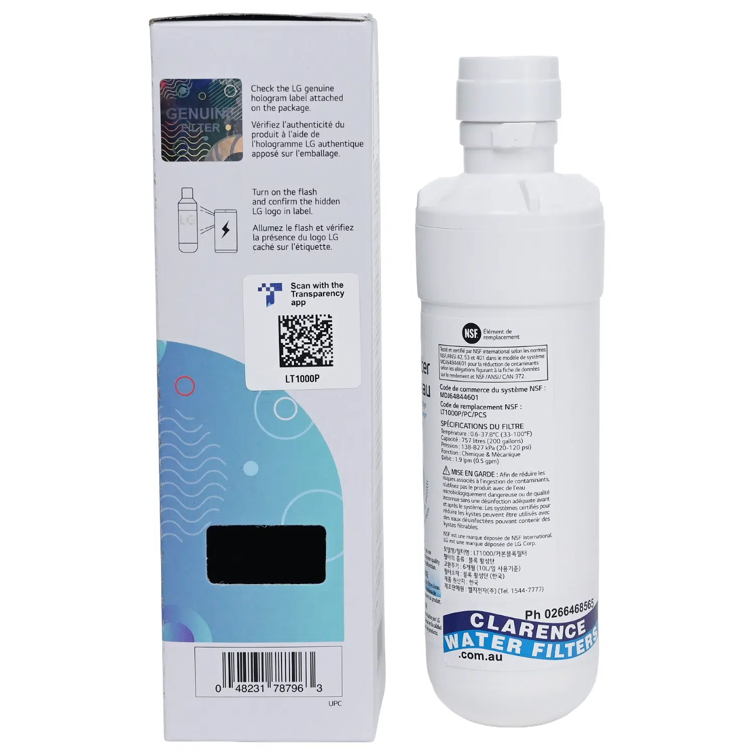 Genuine LG LT1000p Fridge water filter ADQ74793501 showing Genuine certification