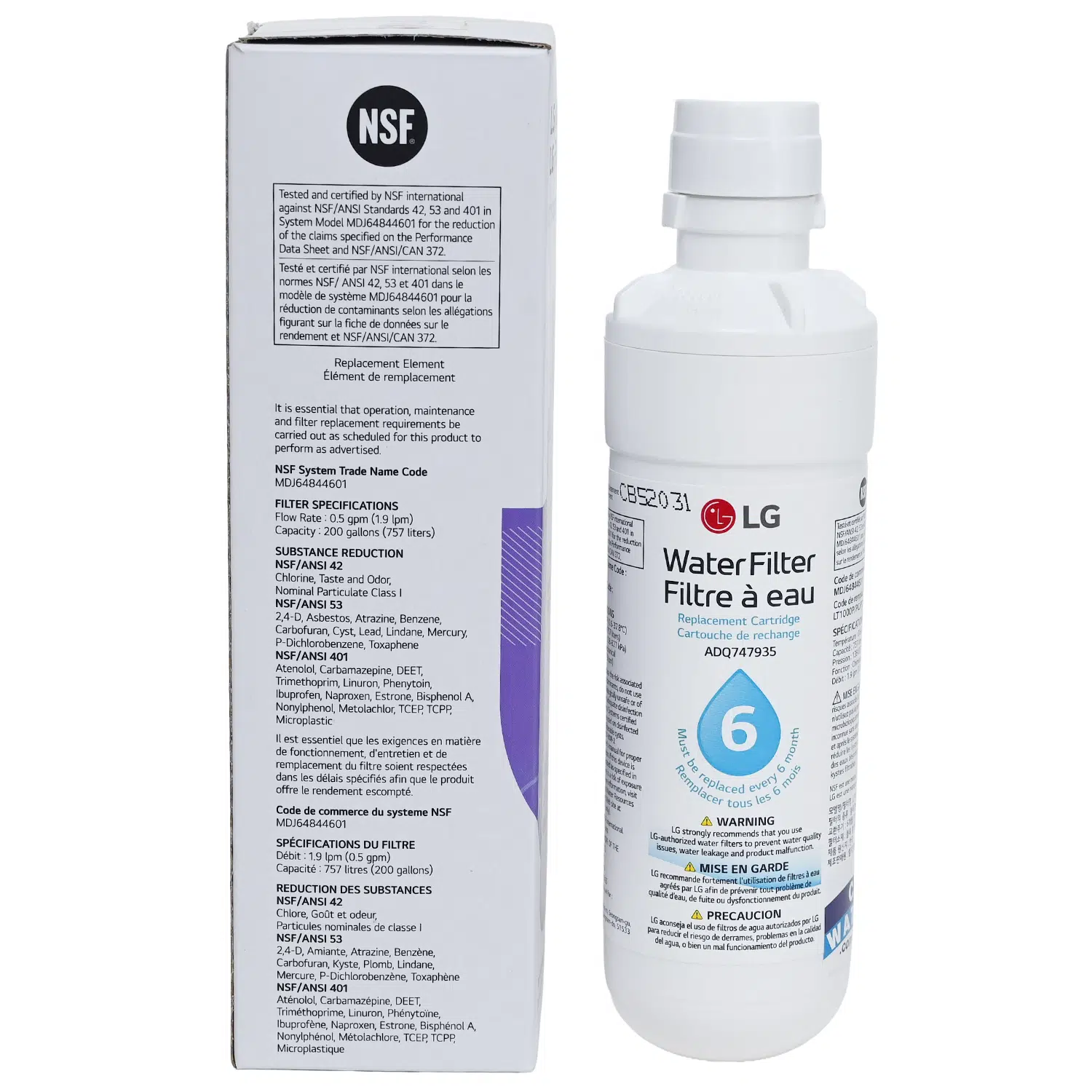 Genuine LG LT1000p Fridge water filter ADQ74793501 showing NSF certification