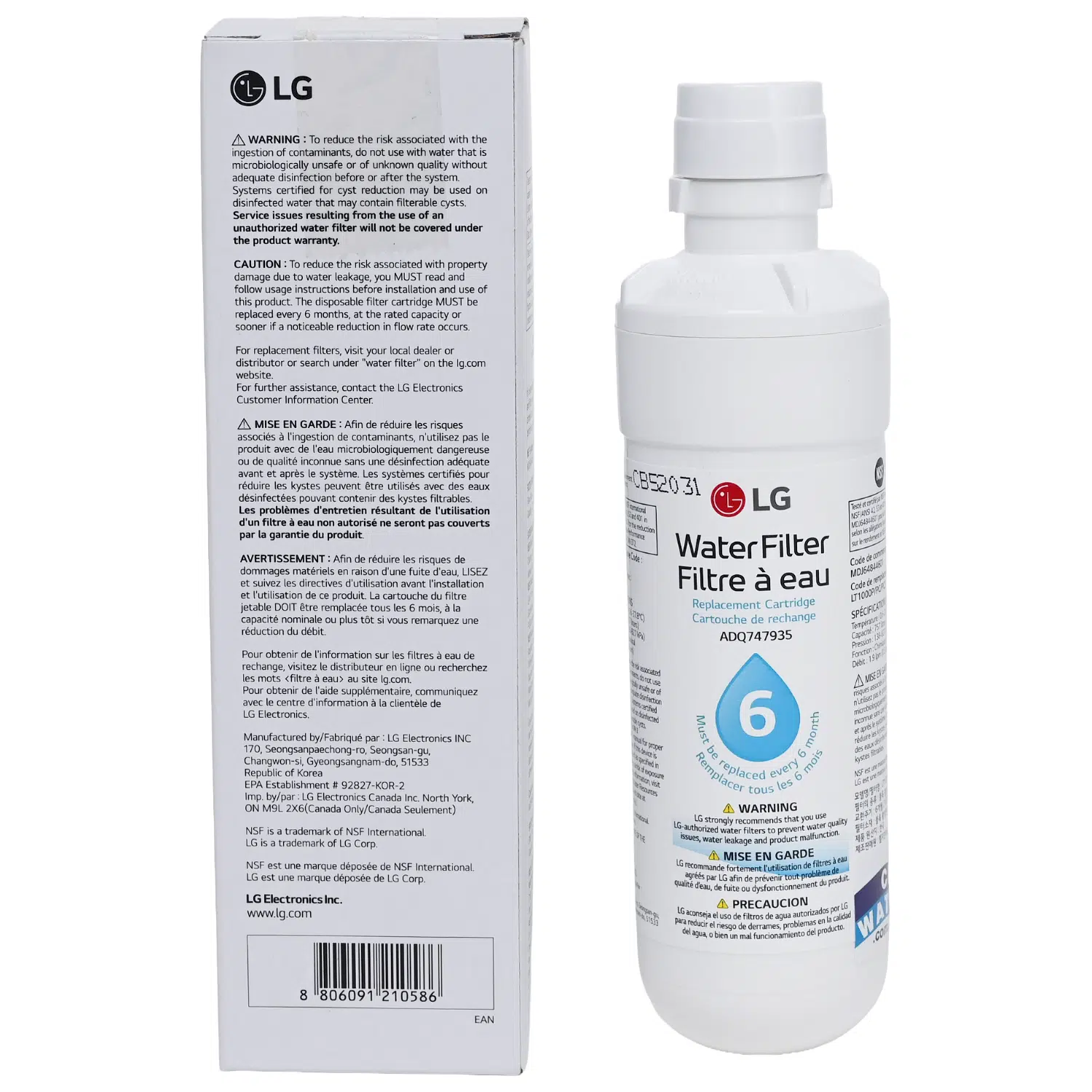 Genuine LG LT1000p Fridge water filter ADQ74793501 showing warnings