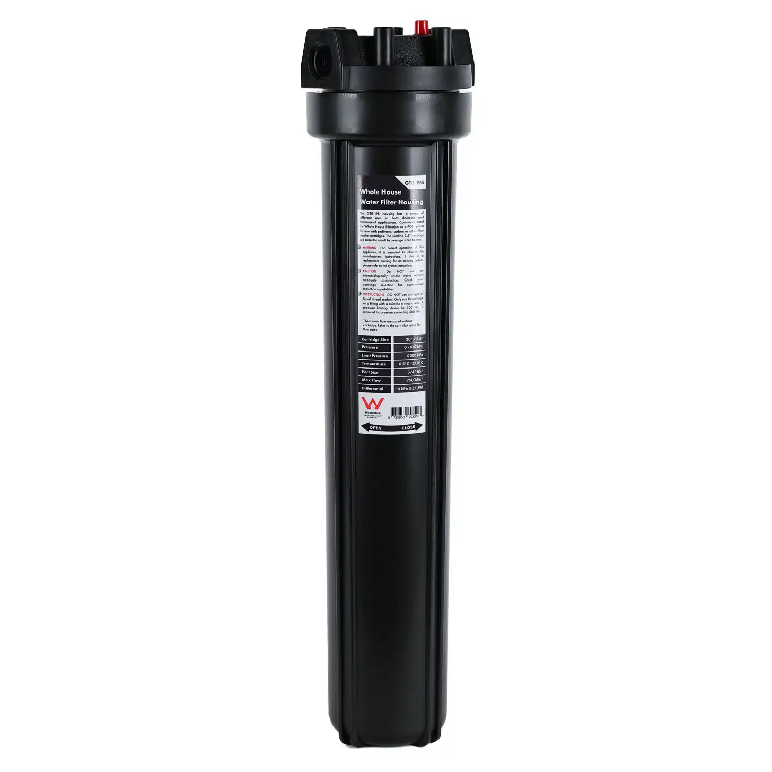 High Performance Filtration 20 inch by 2 point 5 inch Water Filter Housing with 3 quarter inch BSP Ports and black sump