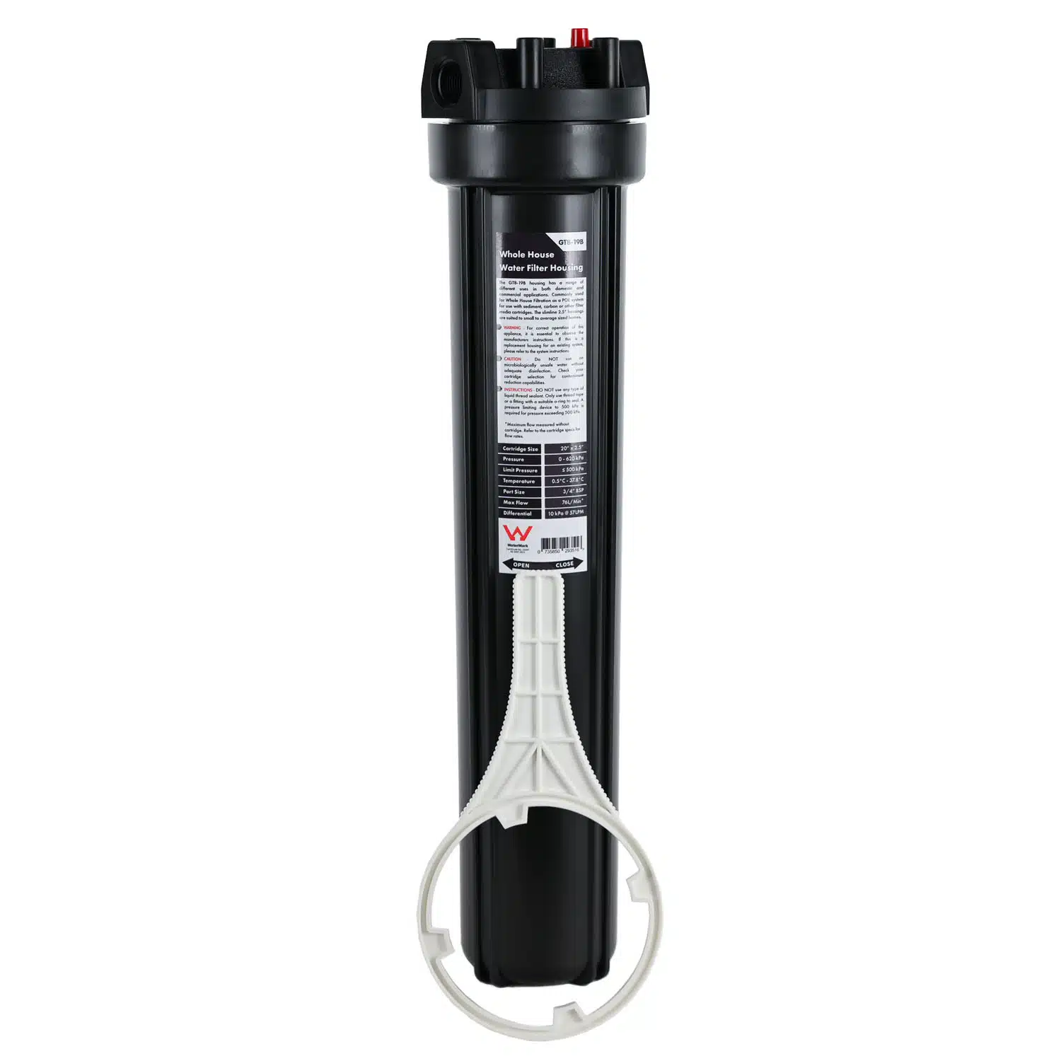High Performance Filtration 20 inch by 2 point 5 inch Water Filter Housing with 3 quarter inch BSP Ports black sump and spanner
