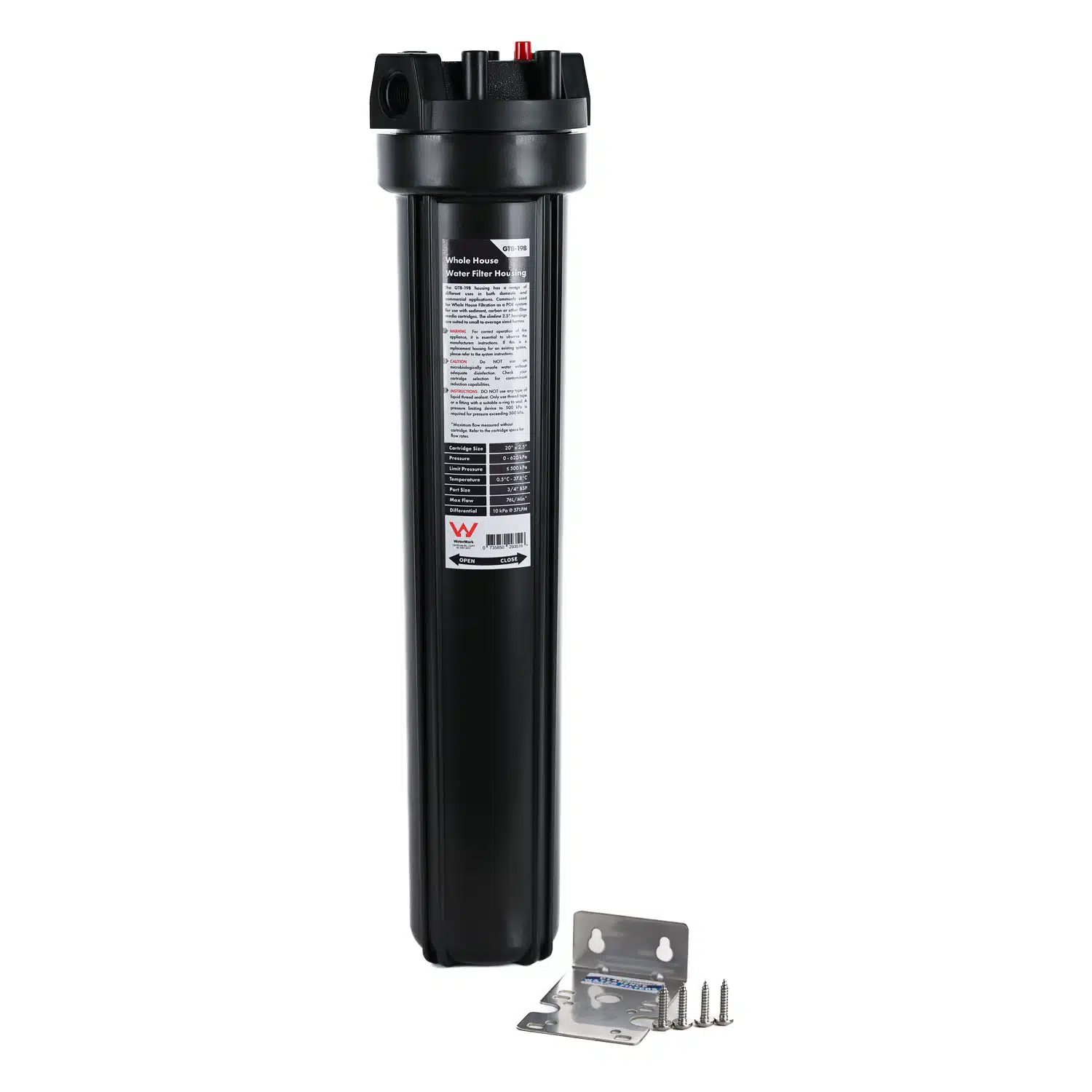 High Performance Filtration 20 inch by 2 point 5 inch Water Filter Housing with 3 quarter inch BSP Ports and black sump and bracket